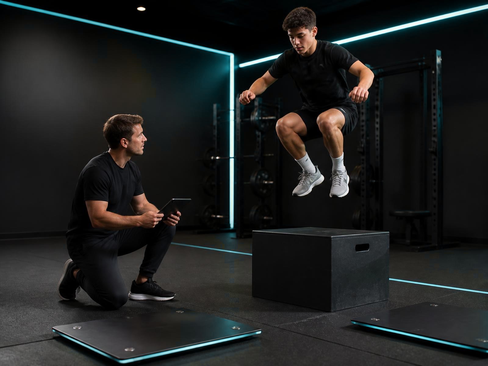 MYE4 coach with a tablet conducting an in-person performance assessment while an athlete jumps
