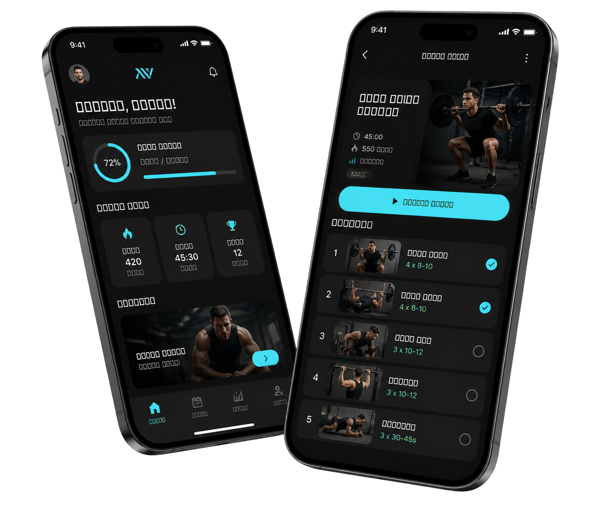 The MYE4 training app on two phones, showing today's workout and an exercise list